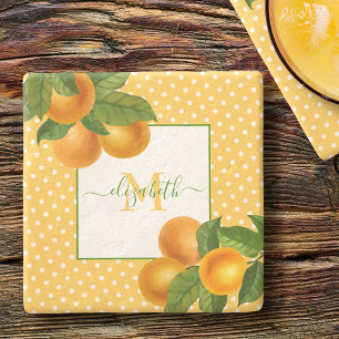 Monogram citrus oranges watercolor dots rustic stone coaster