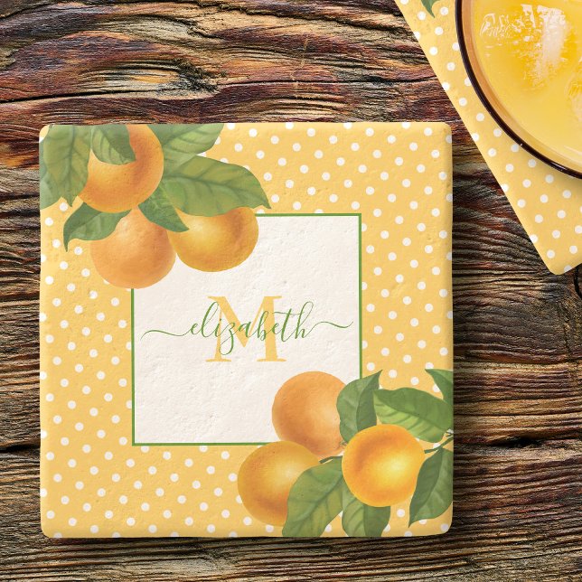 Monogram citrus oranges watercolor dots rustic stone coaster (Creator Uploaded)