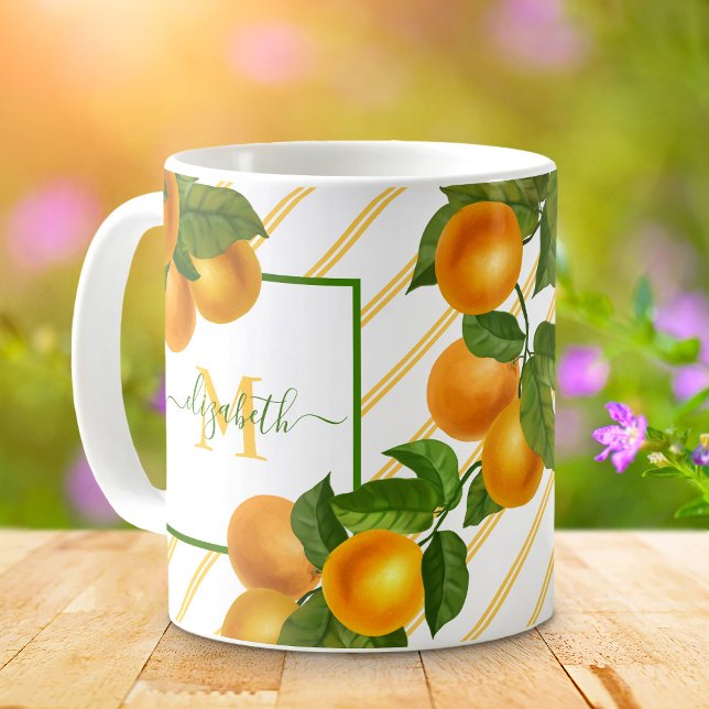 Monogram citrus oranges watercolor stripes rustic coffee mug (Creator Uploaded)