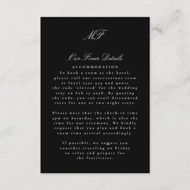 Monogram Classic Black White Wedding Details Info Enclosure Card (Front)