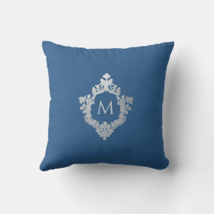 Monogram Classic Blue Elegant Vintage Ornate Crest Throw Pillow