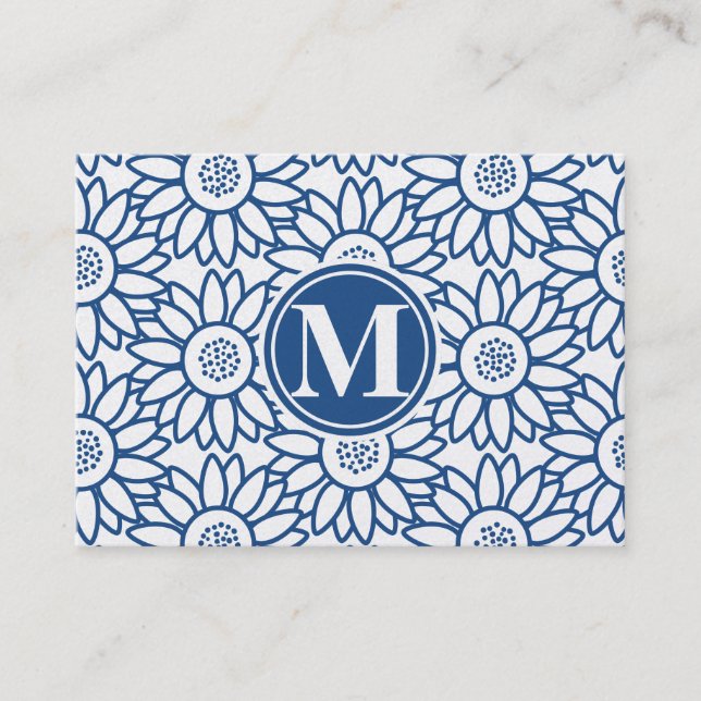 Monogram Classic Blue Sunflower Business Card (Front)