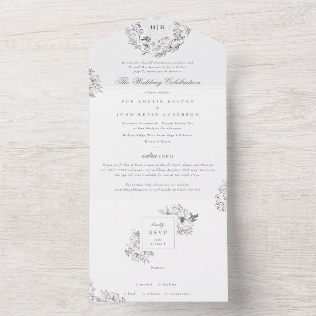 Monogram Classic Botanical Florals Wedding All In One Invitation (Inside)