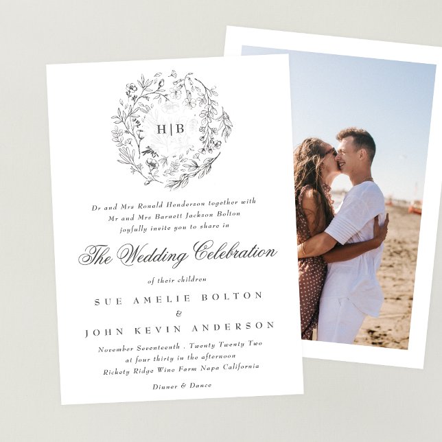 Monogram Classic Botanical Florals Wedding Photo Invitation (Creator Uploaded)