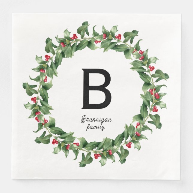 Monogram - Classic Chrismas wreath Napkin (Front)