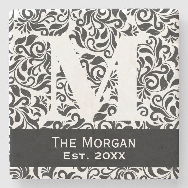 Monogram Classic Damask Family Name Sign Stone Coaster (Front)