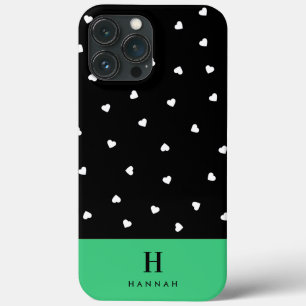 Monogram Classic Elegant Hearts Black and Green iPhone 13 Pro Max Case