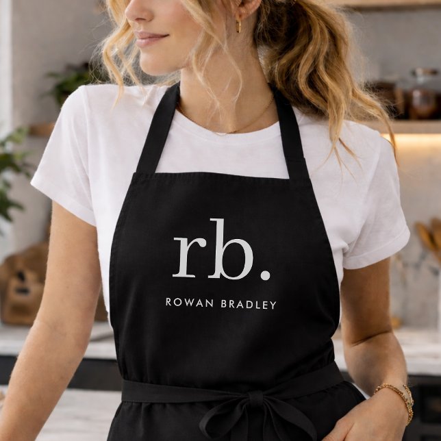 Monogram Classic Elegant Minimal Black and White Apron (Sleek black modern monogram custom unisex apron for business or personal use.)
