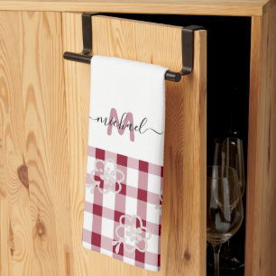 Monogram Classic Elegant Minimal Red and White Kitchen Towel