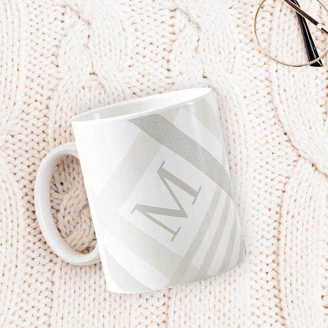 Monogram Classic Elegant Minimal White Plaid Name Coffee Mug (Creator Uploaded)