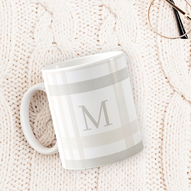 Monogram Classic Elegant Minimal White Plaid Name Coffee Mug (Creator Uploaded)