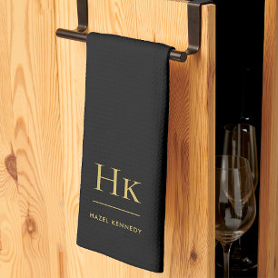Monogram Classic Elegant Simple Minimal Black Gold Kitchen Towel