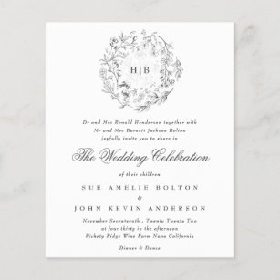 Monogram Classic Florals Budget Wedding Invitation