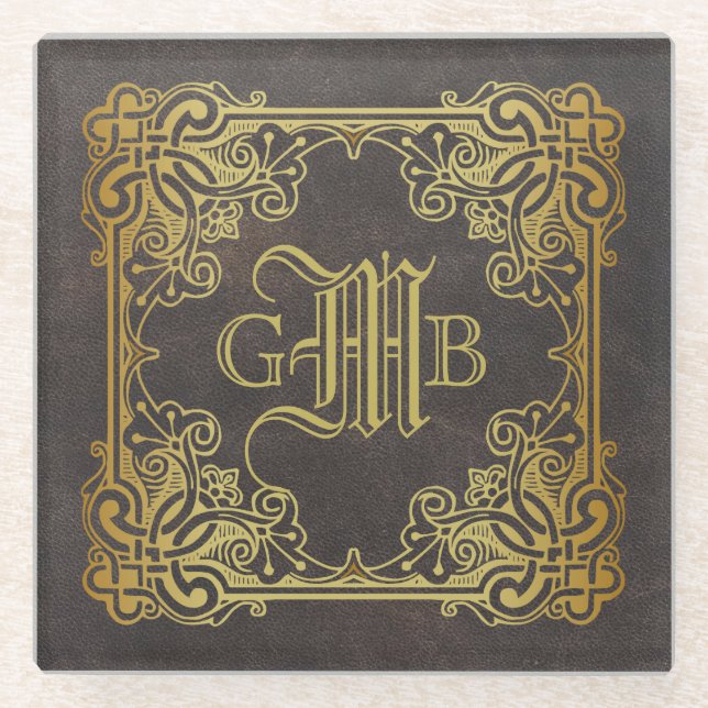 Monogram Classic Gold Frame Antique Leather Glass Coaster (Front)
