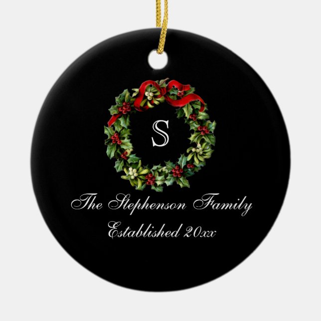 Monogram Classic Holly Wreath Custom Christmas Ceramic Ornament (Front)