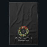 Monogram Classic Holly Wreath Custom Christmas Kitchen Towel<br><div class="desc">Add your custom initial of your last name to the inside of the festive holly wreath painting image of rich green with berries and a flowing red ribbon. Design Copyright © CuteComfy.com</div>