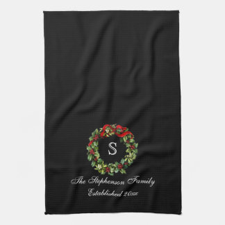 Monogram Classic Holly Wreath Custom Christmas Kitchen Towel