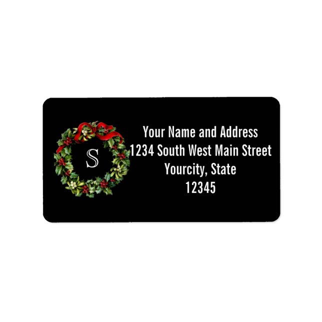 Monogram Classic Holly Wreath Custom Christmas Label (Front)