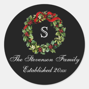 Monogram Classic Holly Wreath Custom Christmas Round Sticker