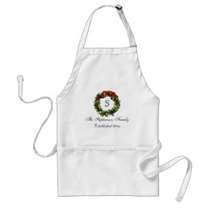 Monogram Classic Holly Wreath Custom Christmas Standard Apron