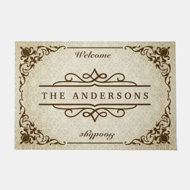 Monogram Classic Ornate Border Damask Retro Frame Doormat (Front)