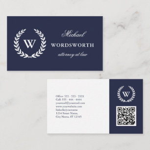 Monogram Classic Professional Blue White QR Code Business Card