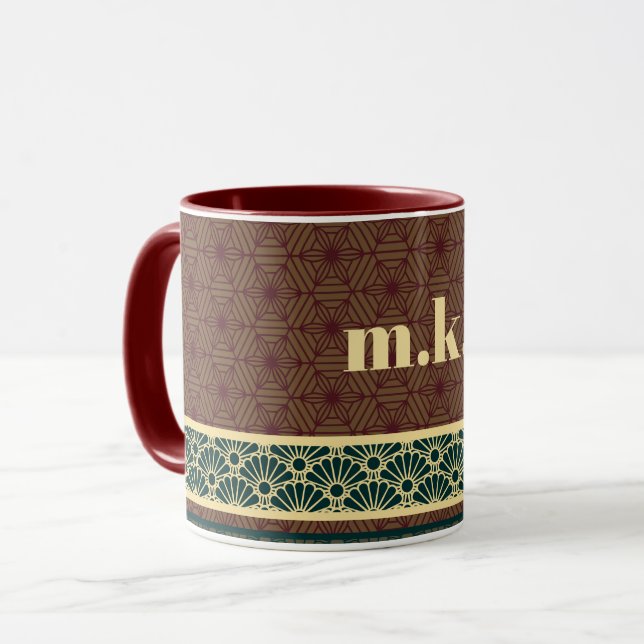 Monogram Classic Red Green Kikkou Pattern Mug (Front Left)