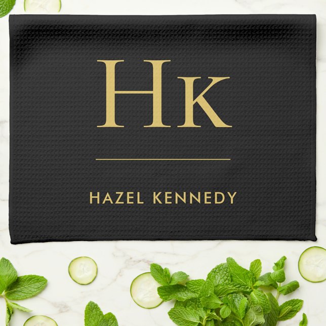 Monogram Classic Simple  Elegant Black Gold Kitchen Towel (Creator Uploaded)