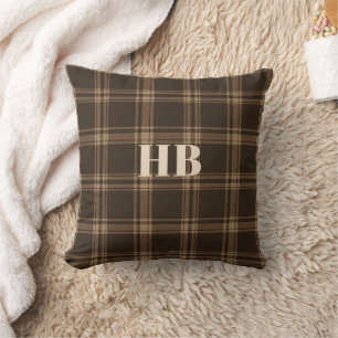 Monogram Classic Vintage Dark Brown & Beige Plaid Throw Pillow