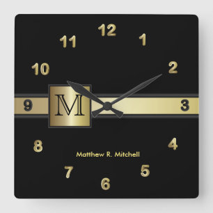 Monogram Classy Black and Gold  Executive Square Wall Clock