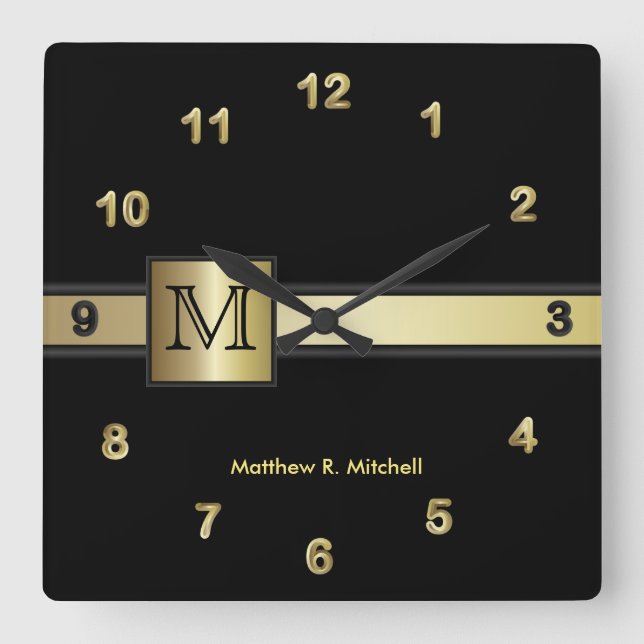 Monogram Classy Black and Gold  Executive Square Wall Clock (Front)