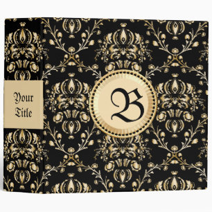 Monogram Classy Elegant Gold Damask Medieval Black Binder