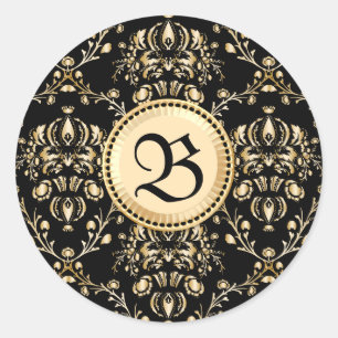 Monogram Classy Elegant Gold Damask Medieval Black Classic Round Sticker
