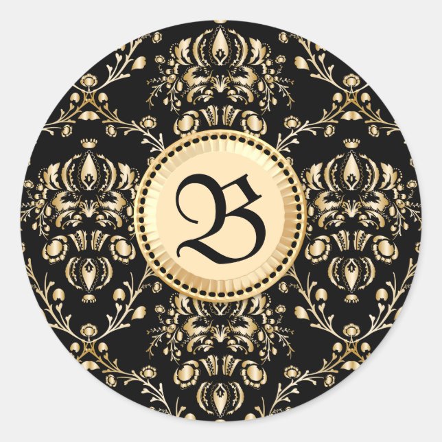 Monogram Classy Elegant Gold Damask Medieval Black Classic Round Sticker (Front)