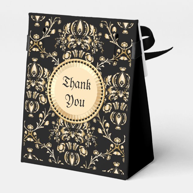 Monogram Classy Elegant Gold Damask Medieval Black Favor Box (Back Side)