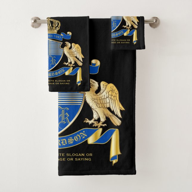 Monogram Coat of Arms Blue Gold Eagle Crown Emblem Bath Towel Set (Insitu)