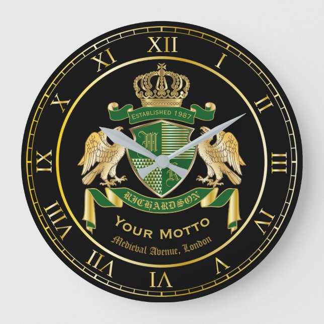 Monogram Coat of Arms Green Gold Eagle Emblem Large Clock (Front)