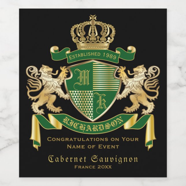 Monogram Coat of Arms Green Gold Lion Crown Emblem Wine Label (Single Label)