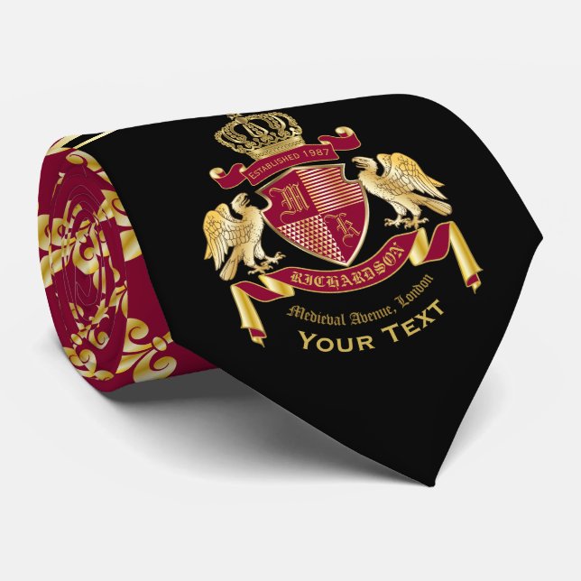 Monogram Coat of Arms Red Gold Eagle Fleur de Lis Tie (Rolled)
