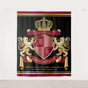 Monogram Coat of Arms Red Gold Lion Crown Emblem Tapestry