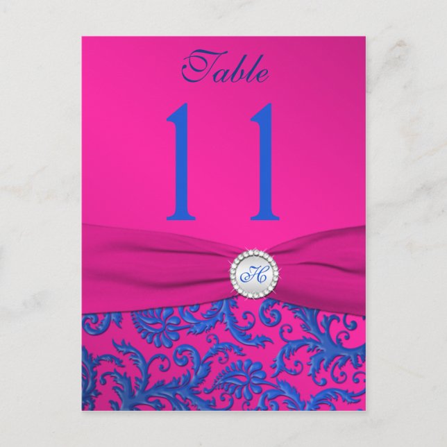 Monogram Cobalt and Fuchsia Damask Table Number Postcard (Front)