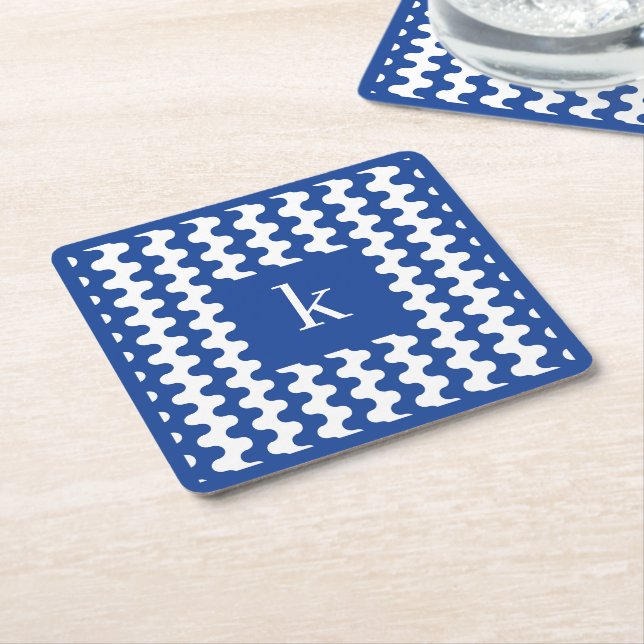 Monogram Cobalt Blue Bold Wavy Pattern Square Paper Coaster (Angled)