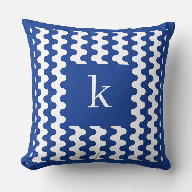 Monogram Cobalt Blue Bold Wavy Pattern Throw Pillow (Creator Uploaded)
