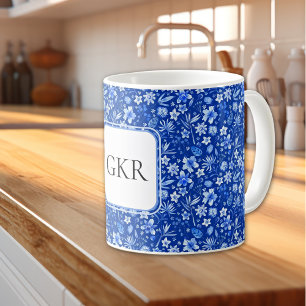 Monogram Cobalt Blue Flowers & Leaves Pattern 11oz Coffee Mug