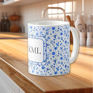 Monogram Cobalt Blue Flowers & Leaves Pattern 11oz Coffee Mug
