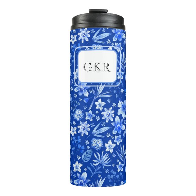 Monogram Cobalt Blue Flowers & Leaves Pattern 11oz Thermal Tumbler (Front)