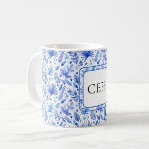 Monogram, Cobalt Blue Tropical Leaves Pattern 11oz Coffee Mug