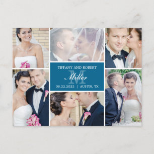 Monogram Collage Wedding Announcement - Blue Postcard