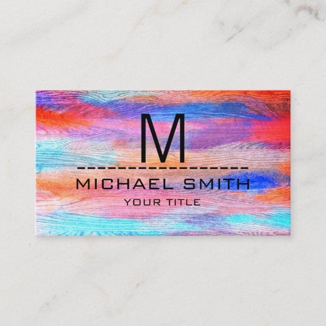 Monogram Colorful Modern Wood Grain Look Business Card (Front)