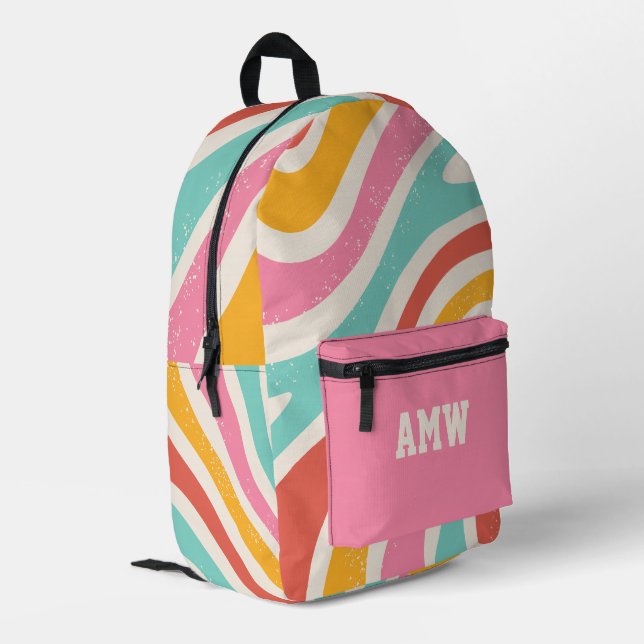  Monogram Colorful Retro Wavy Stripes Printed Backpack (Back Corner Left)